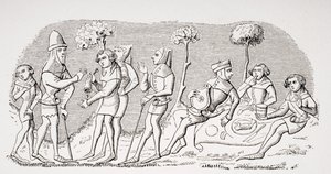 Hunting meal, reproduction of a miniature in the 14th century manuscript 